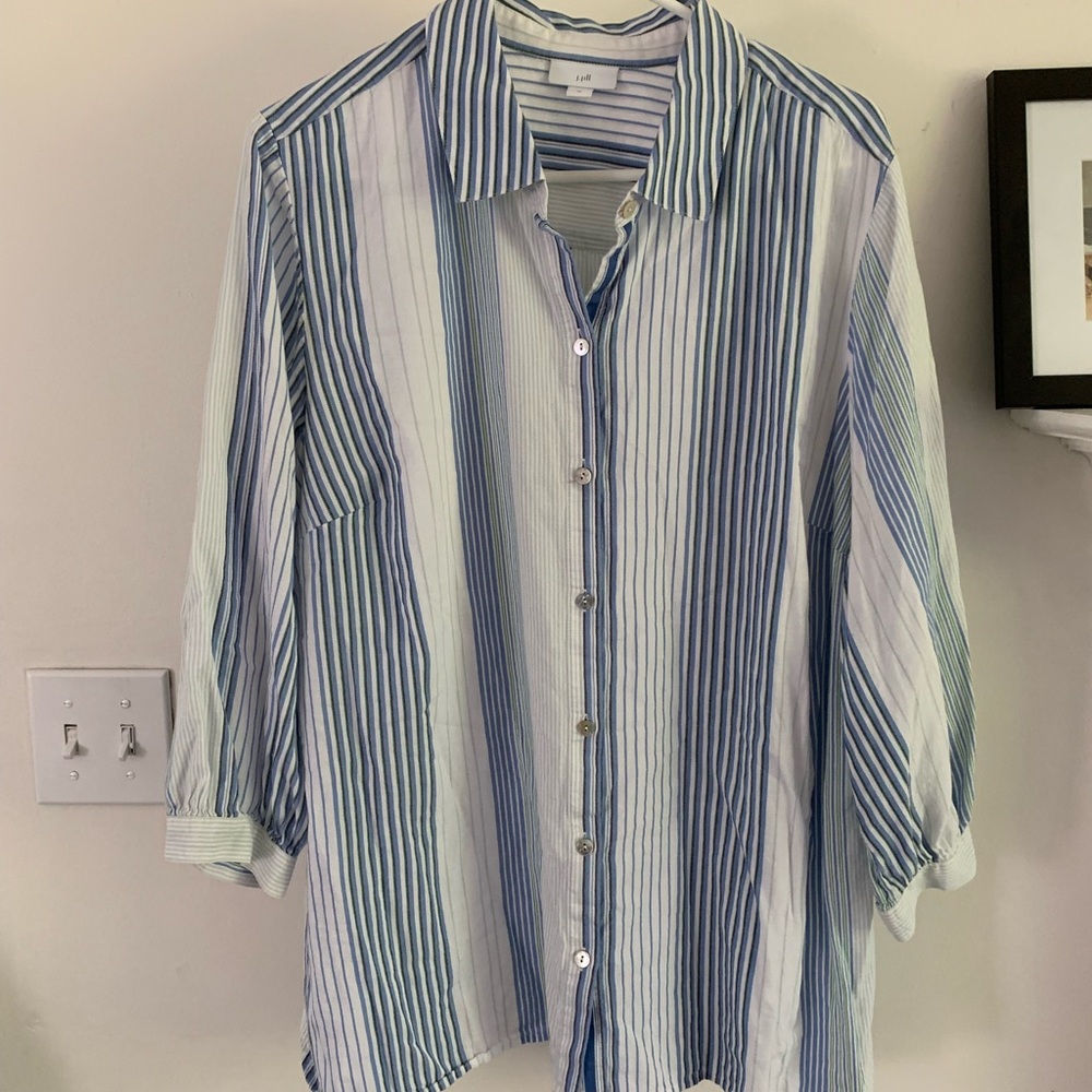 J Jill XL Button Up 3/4 Sleeve White Green Blue Striped Soft Cotton Blouse New
